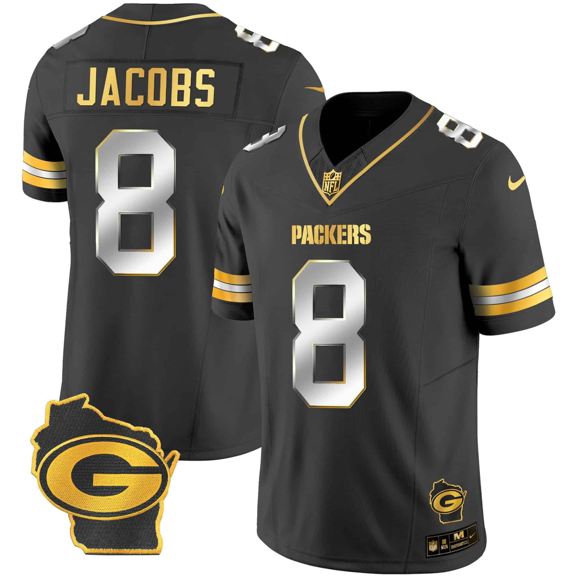 Men Green Bay Packers 8 Jacobs Black Gold 2024 Nike Home Patch Vapor NFL Jersey style 1